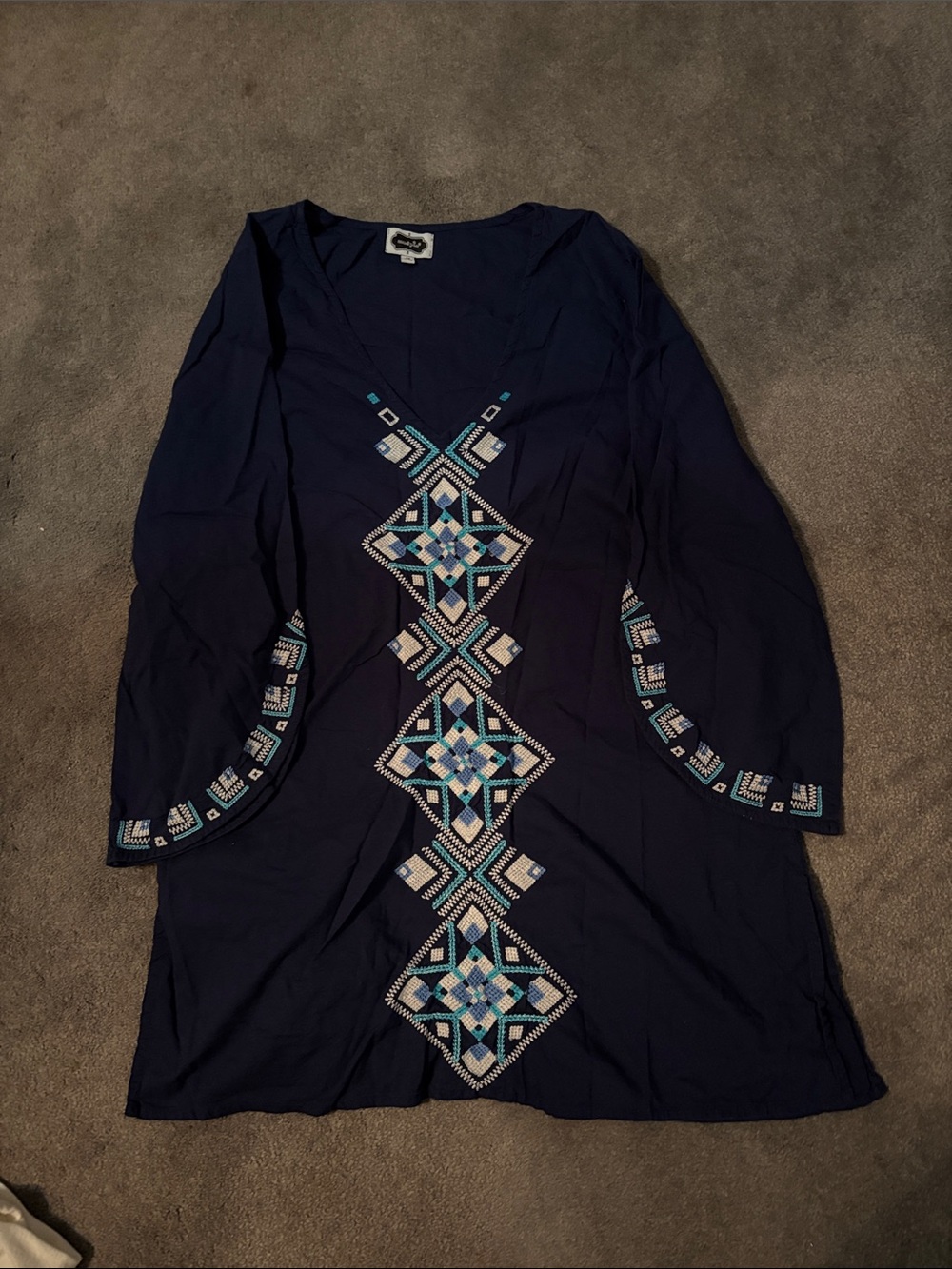Mud Pie Navy Tunic Dress or bathing suit cover up Blue & White Geometric Embroid